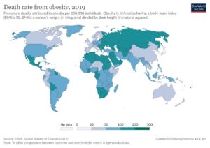 This image in Ikaria Lean Belly Juice Reviews is a world map showing the distribution of death rates from obesity across countries.
