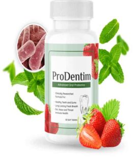 This ProDentim reviews image is the image of a Prodentim bottle with strawberries laying beside.