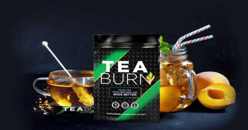 This Tea Burn Reviews image is an image of a Tea Burn pouch with a glass jar full of tea.